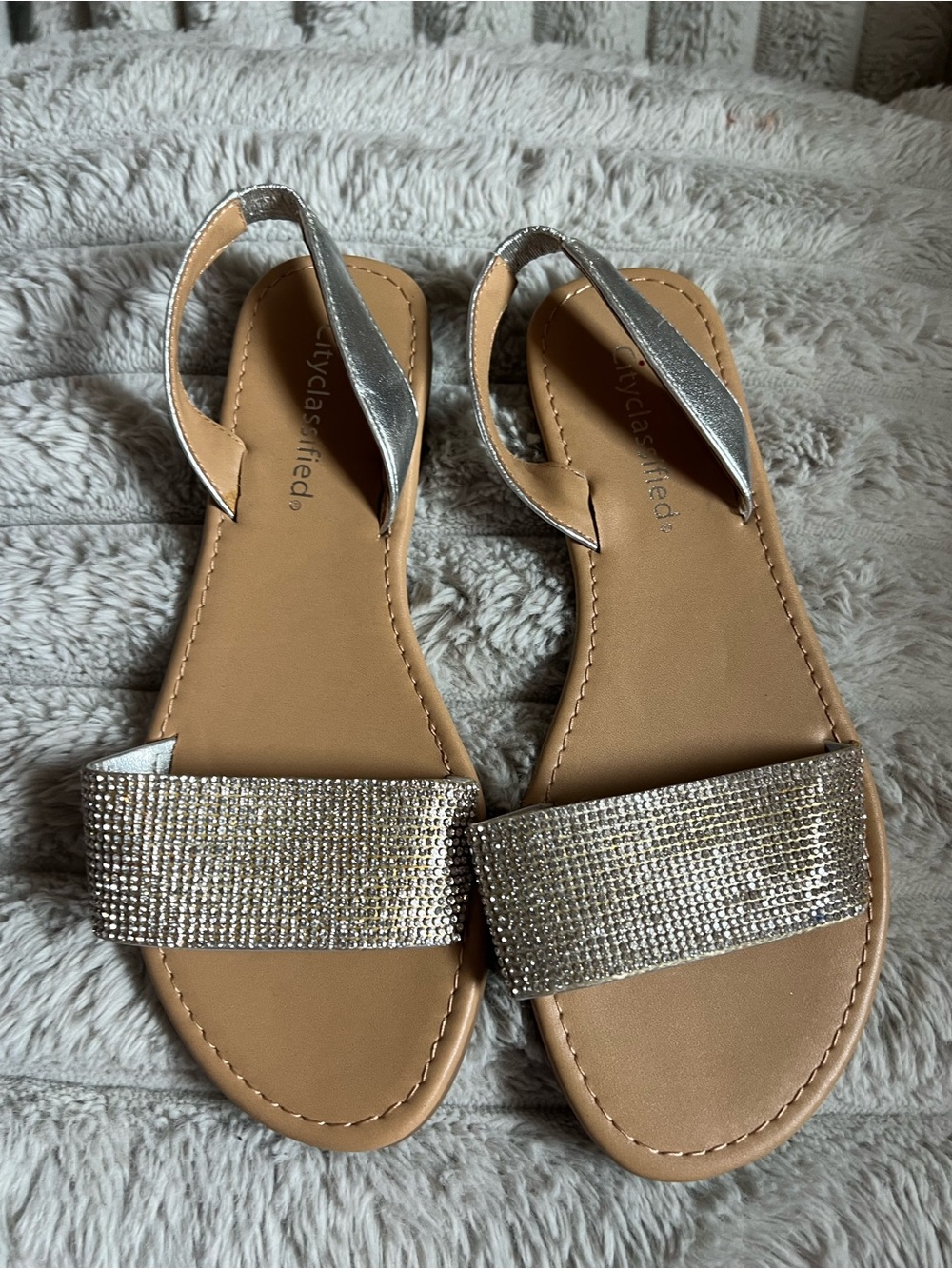 Metallic Silver Slingback Sandals with Rhinestone Band